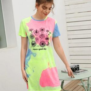 Shein Slogan and Floral Print Tie Dye Dress